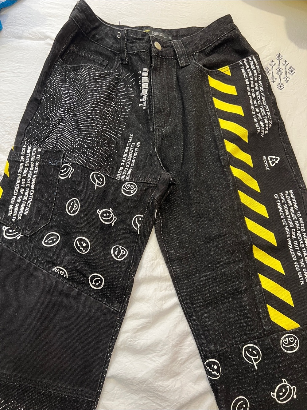 Finesse Black Patchwork Jeans with Yellow Diagonal Stripe